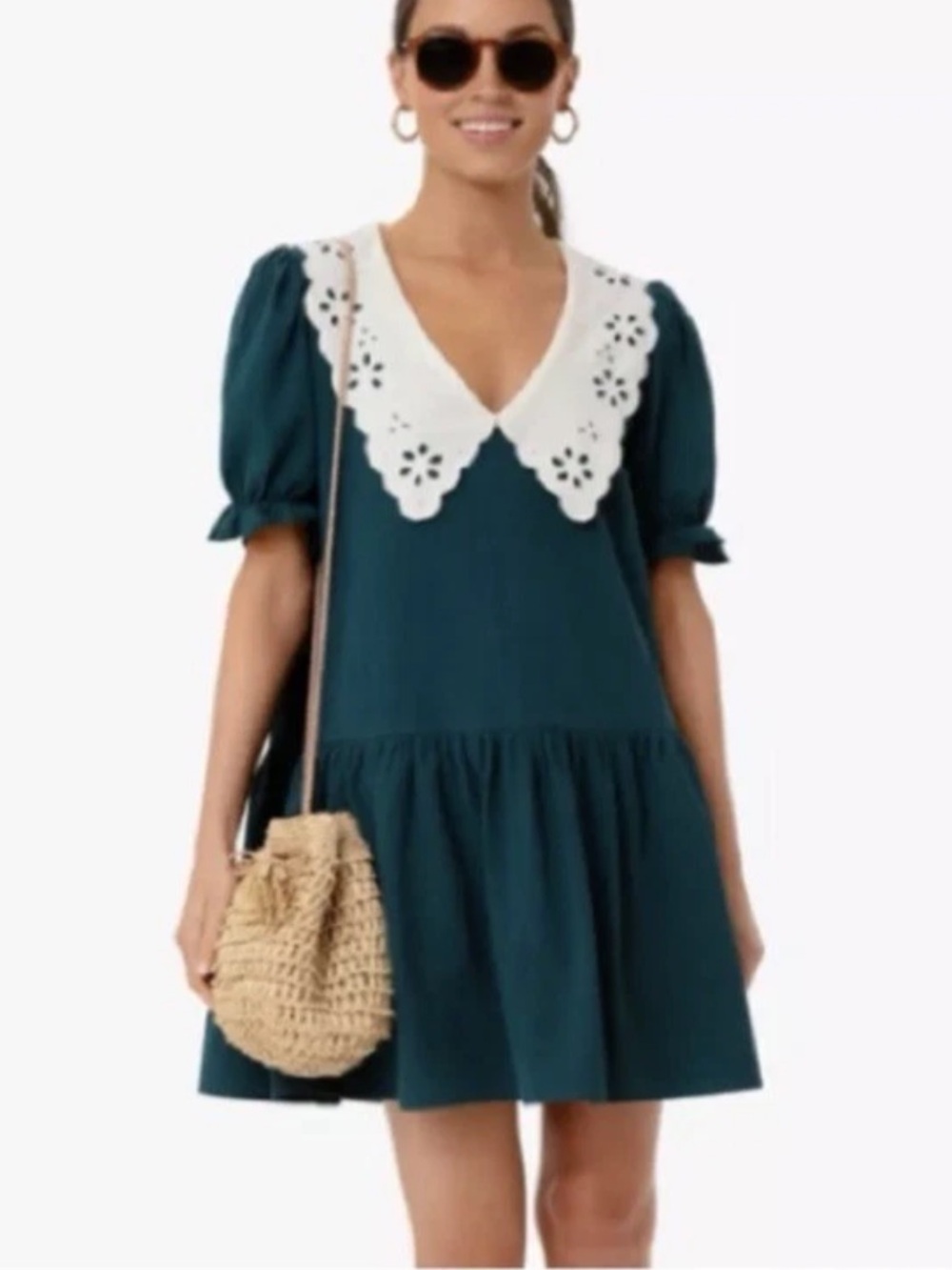 NWOT Tuckernuck Pomander Place Peacock Green Kit Dress with Lace Collar XS